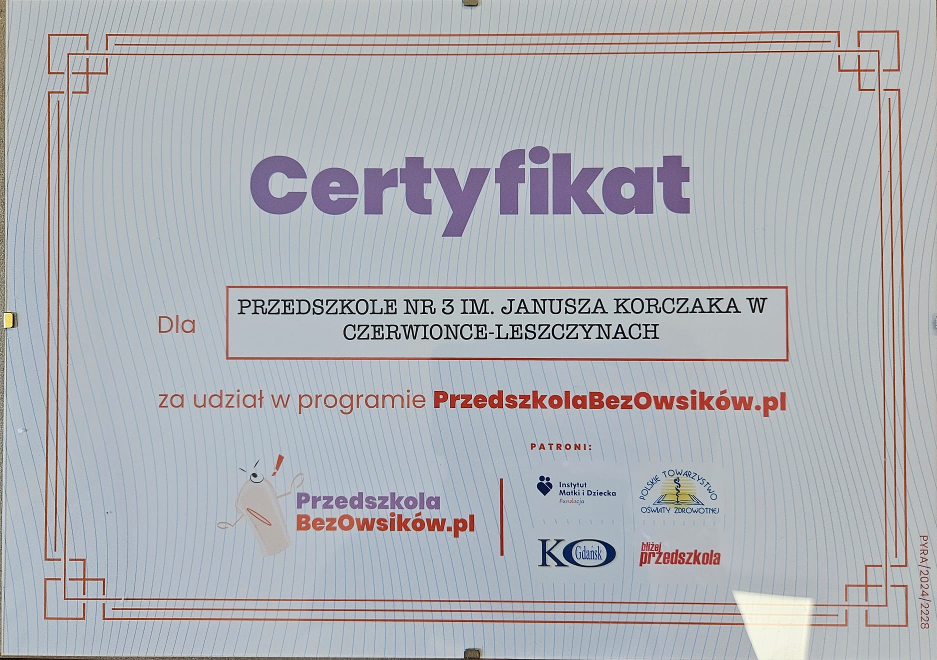 certyfikat programu Przedszkola bez owsików
